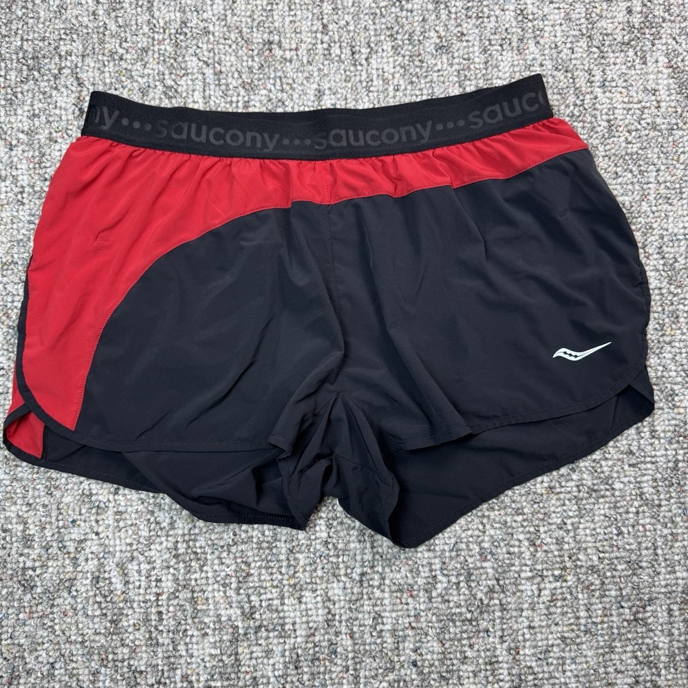 Saucony Running Shorts Womens Large Lined Drawstring Activewear Black Red